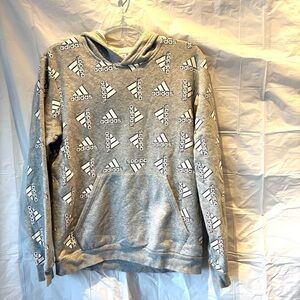 Adidas Logo all over fleece hoodie black white SZ L Worn. See all pictures